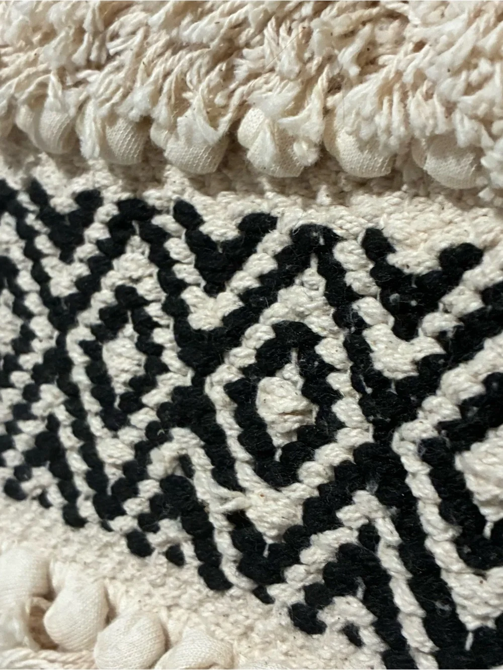 Large Boho Woven Wall Hanging Tapestry w/ Fringe Tassels, Black/Beige Geometric